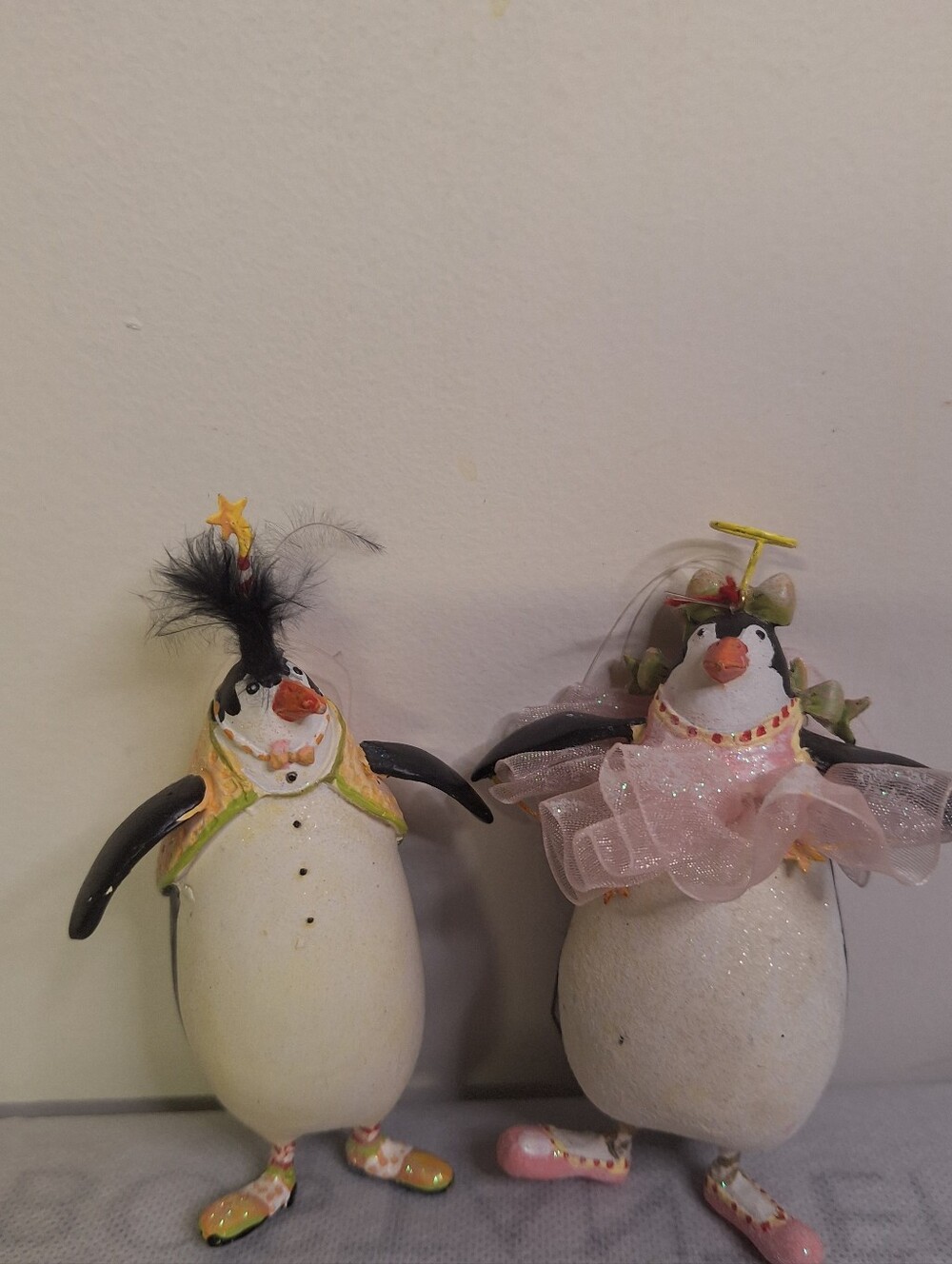 Holiday Penguin Ornament Pair in White and Black - One Angel . Approx 4"